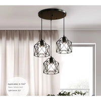 Three-bulb geometric pendant light fixture.