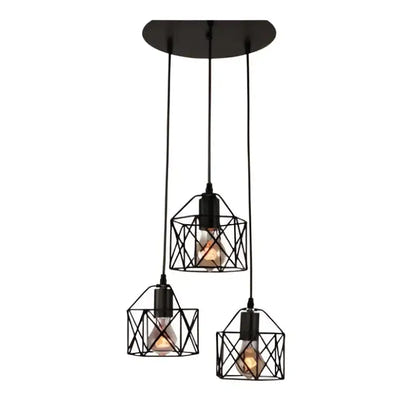 Three-light black metal cage pendant fixture.
