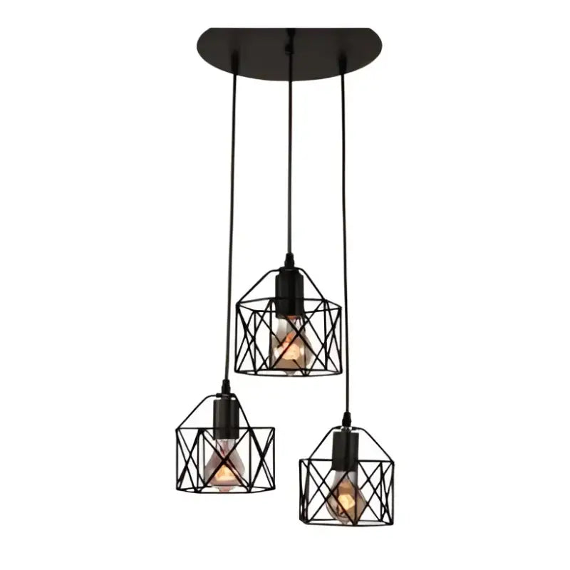 Three-light black metal cage pendant fixture.