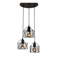 Three-light black metal cage pendant fixture.