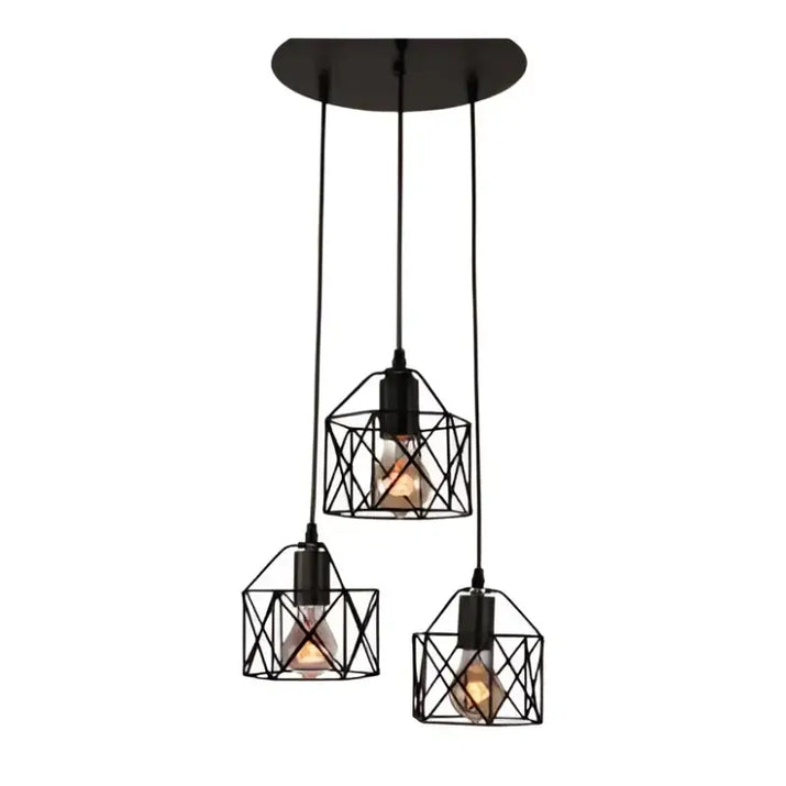 Three-light black metal cage pendant fixture.