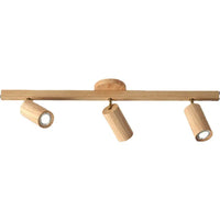 Wooden three-light track lighting fixture.