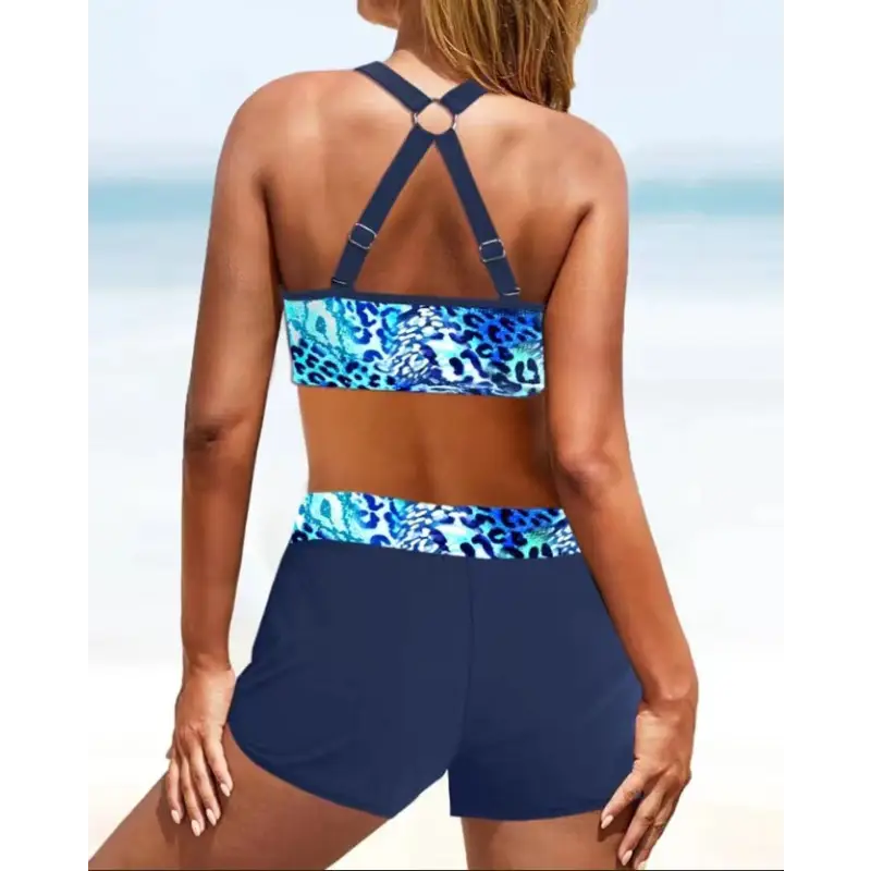 Blue and navy two-piece swimsuit.