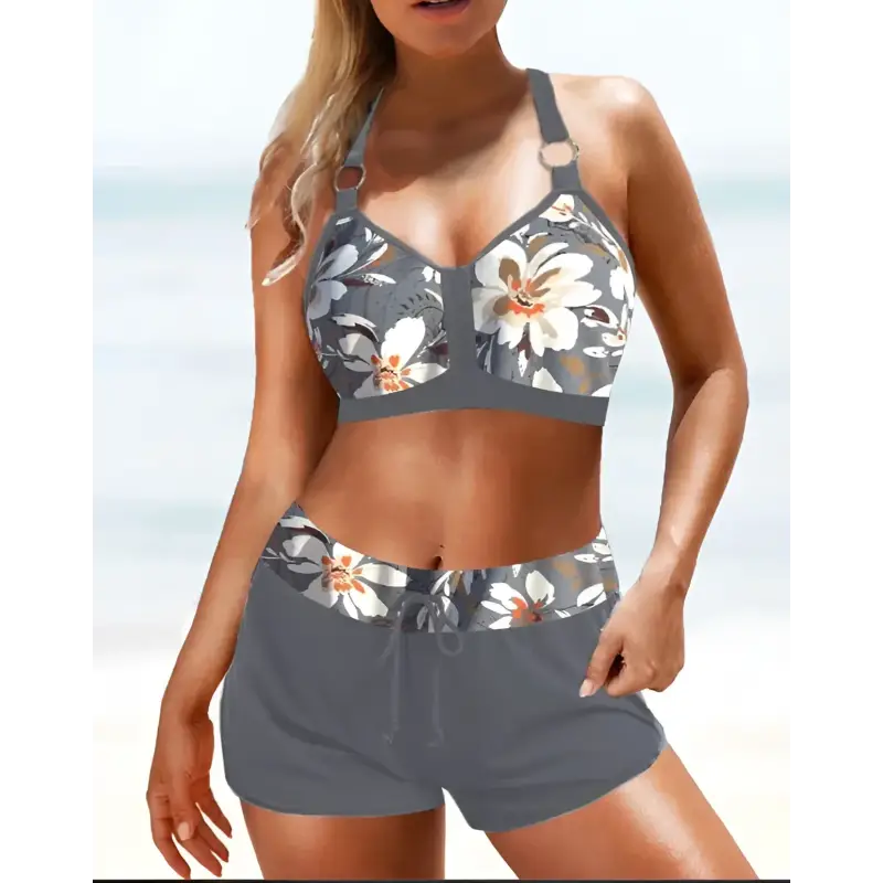 Gray floral two-piece swimsuit.