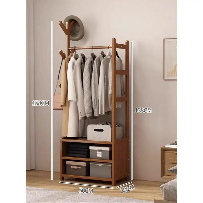 Wooden clothes rack with shelves.