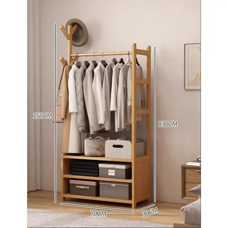 Wooden clothes rack with shelves.