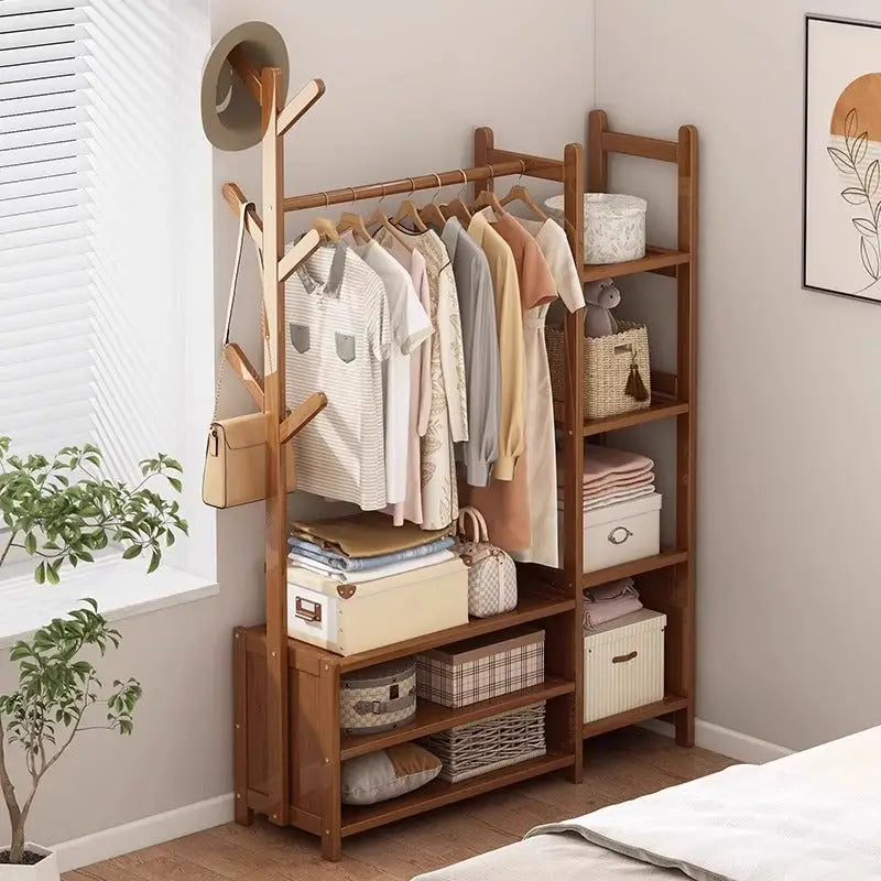 Wooden clothes rack with shelves.
