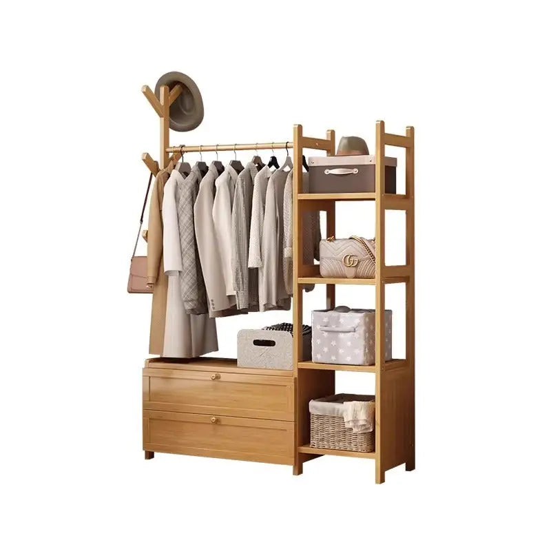Wooden clothes rack with shelves and drawers.