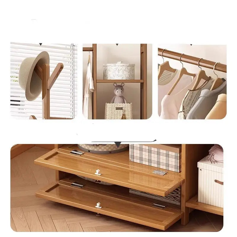 Wooden storage unit with clothing rack.
