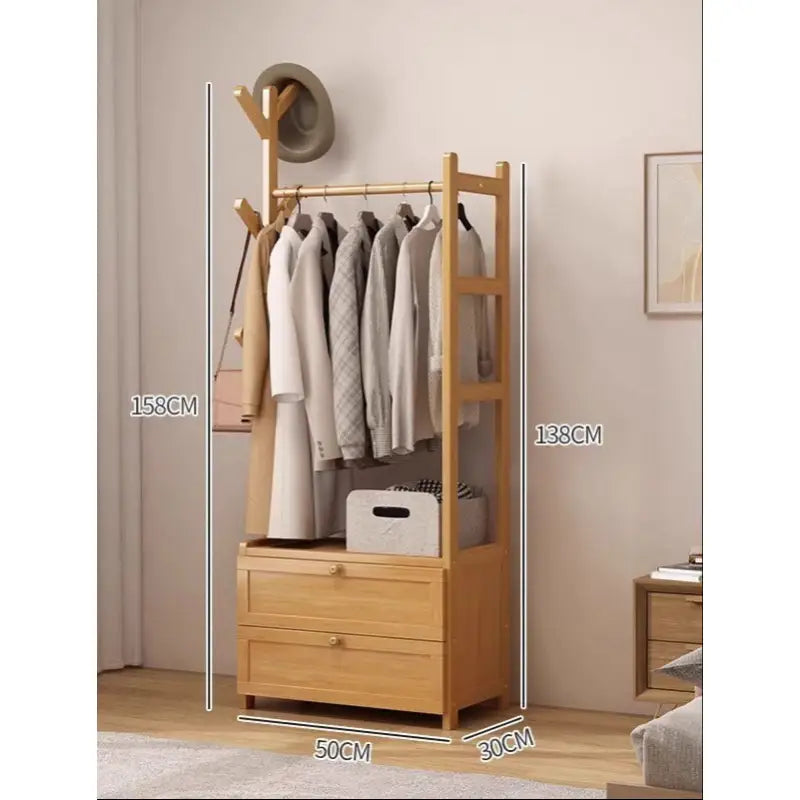 Wooden clothes rack with drawers.