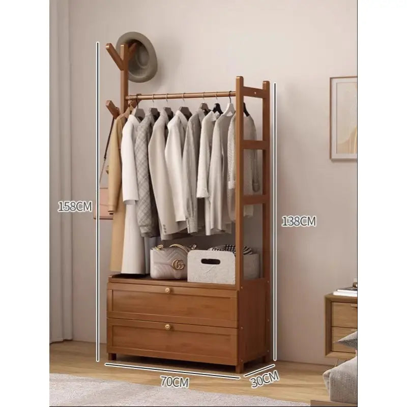 Wooden clothes rack with drawers.