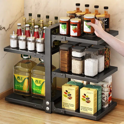 Three-tiered kitchen organizer on multi-layer kitchen shelves for efficient storage