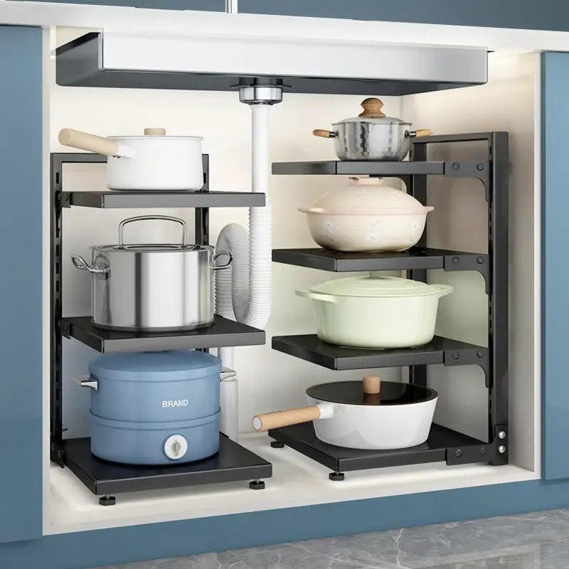 Adjustable under-sink organizer on multi-layer kitchen shelves for efficient storage