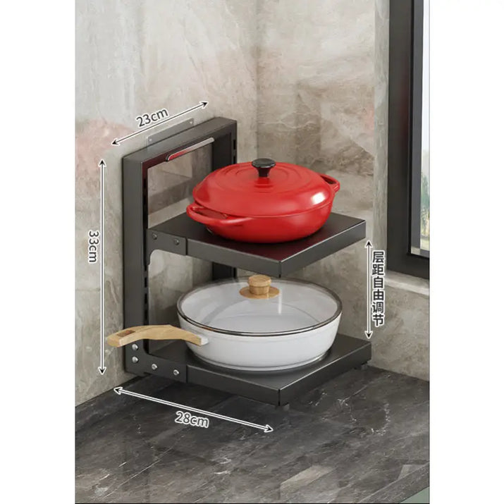 Two-tiered corner pot rack on multi-layer kitchen shelves for organized kitchen storage