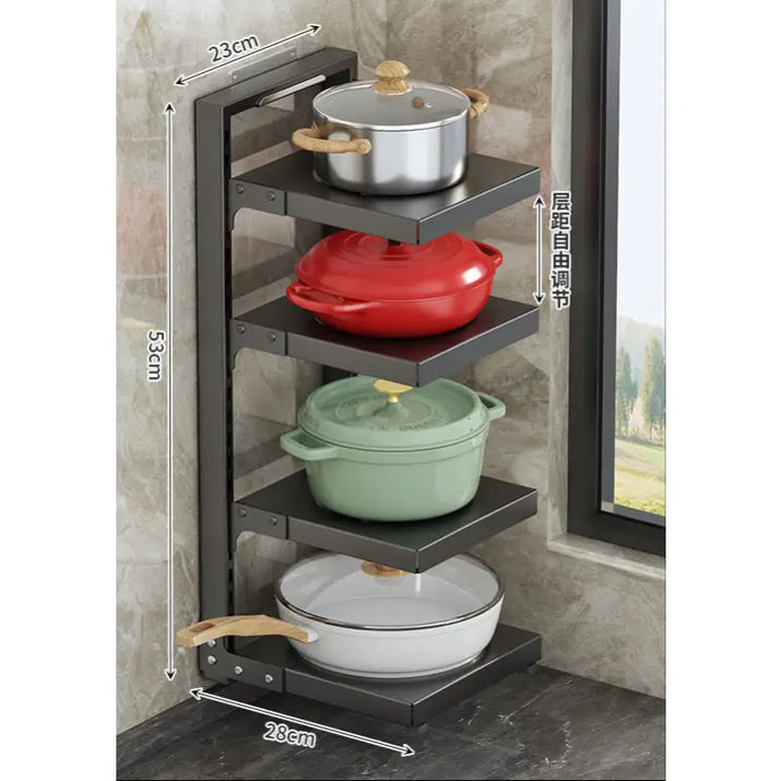 Corner pot rack with four shelves showcasing durable multi-layer kitchen shelves