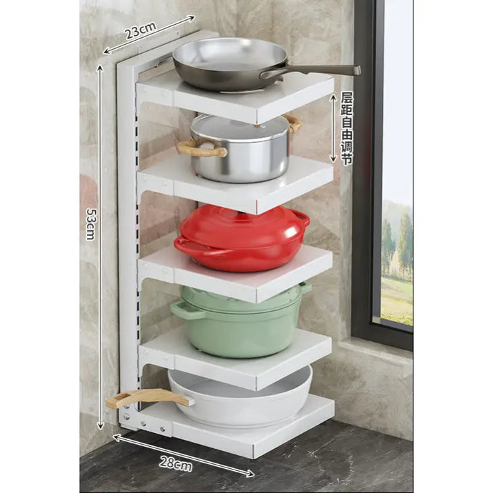Corner pot and pan storage rack on multi-layer kitchen shelves for efficient kitchen organization