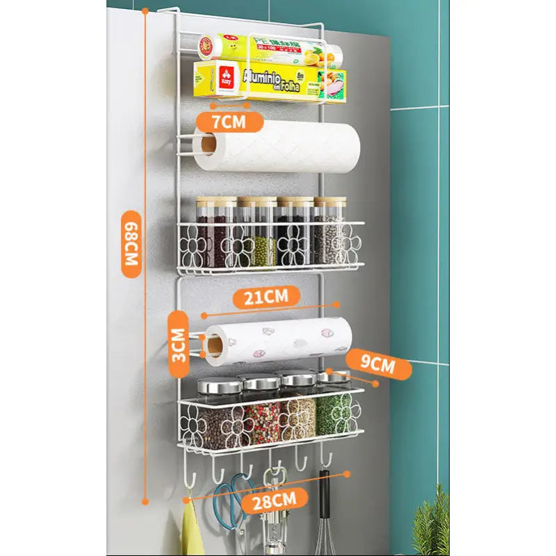 White metal over-the-door kitchen organizer.