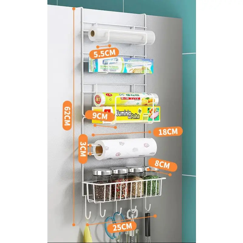 White metal over-the-door organizer with dimensions.