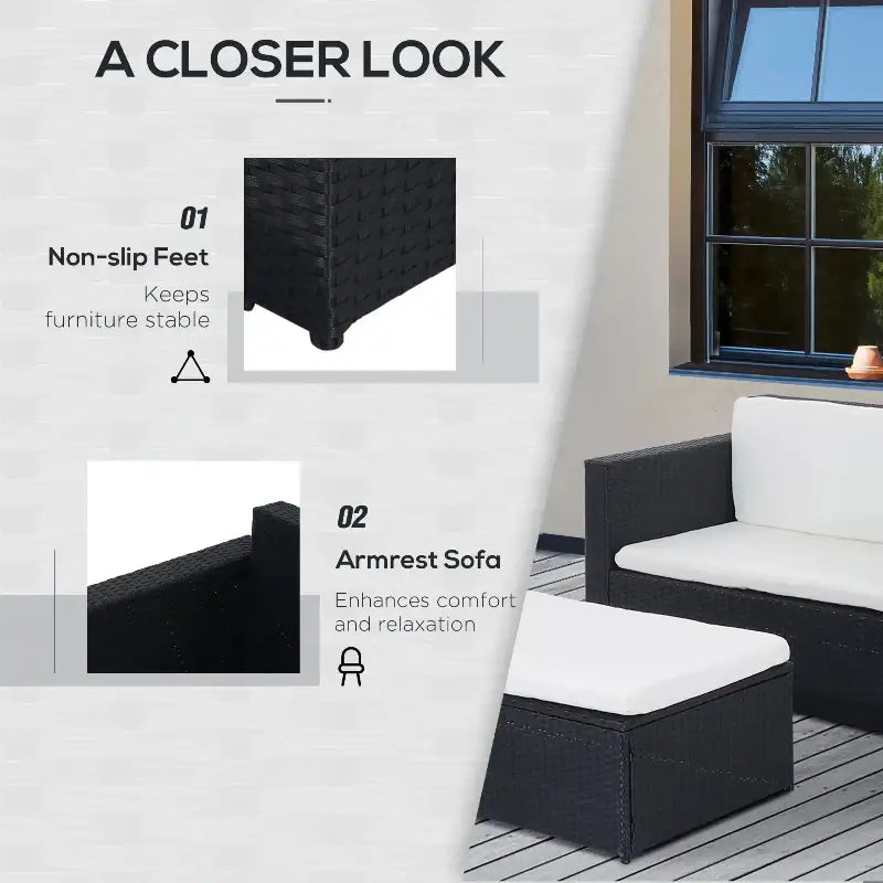 Black wicker patio furniture set featuring a 2 piece wicker couch and Ottoman