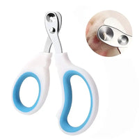 Blue and white handled pet nail clippers.