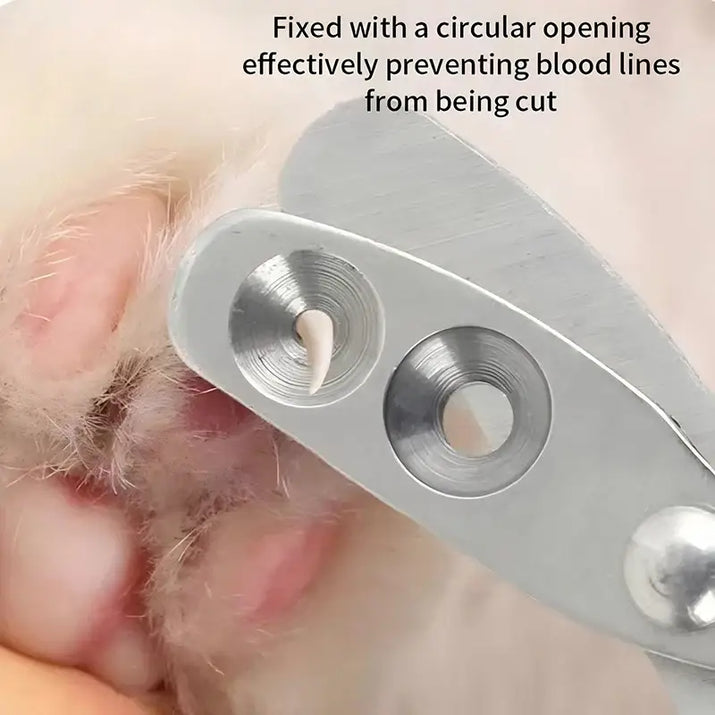 Pet nail clipper with circular opening.