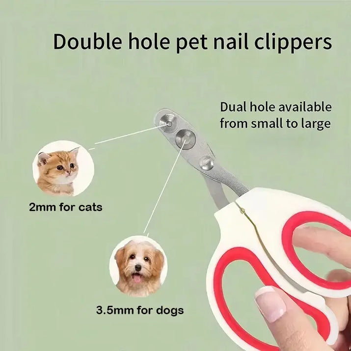 Pet nail clippers with dual hole design.