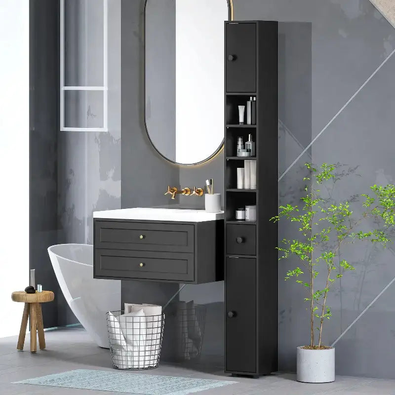 Bathroom vanity with storage tower.