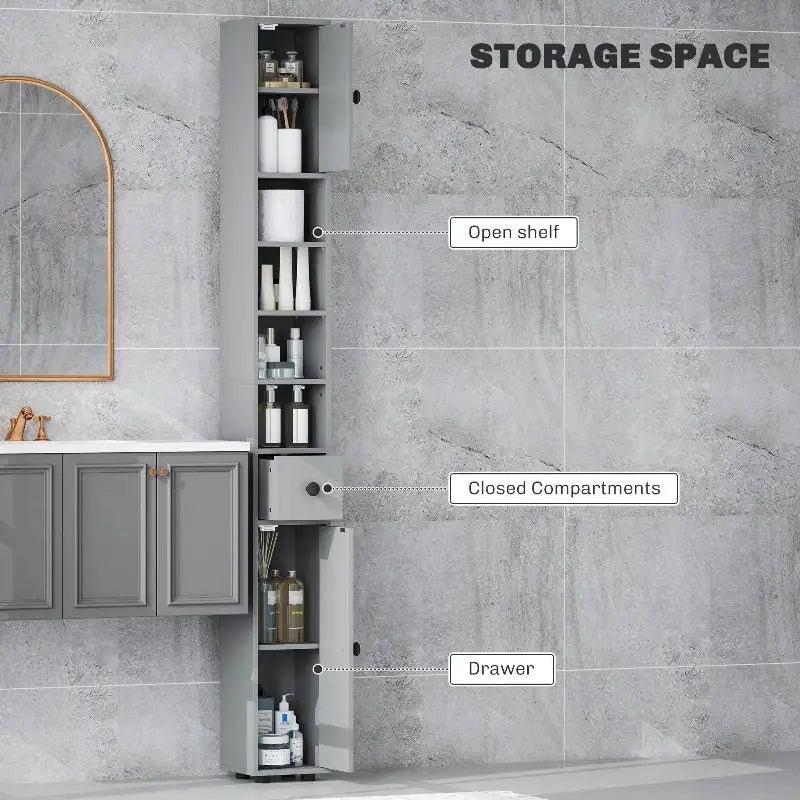 Gray bathroom storage cabinet.