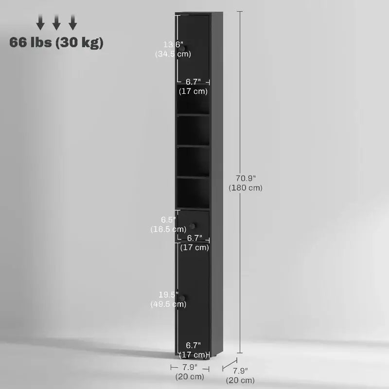 Tall, black storage cabinet with shelves and doors.