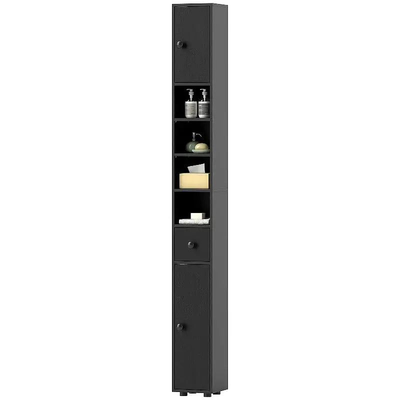 Tall black bathroom storage cabinet.