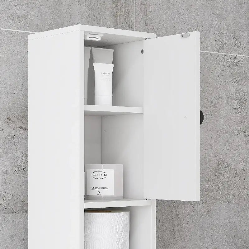 White bathroom cabinet with open door.