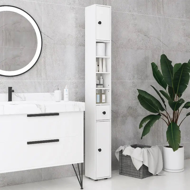 White bathroom storage tower.