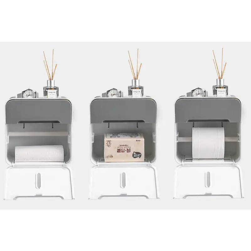 Wall-mounted toilet paper holder with storage.