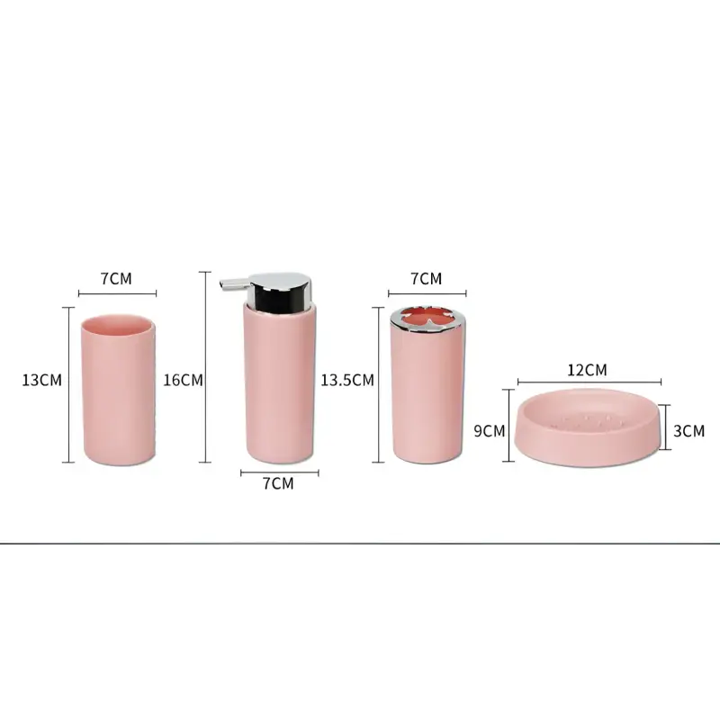 Pink bathroom accessory set with dimensions.