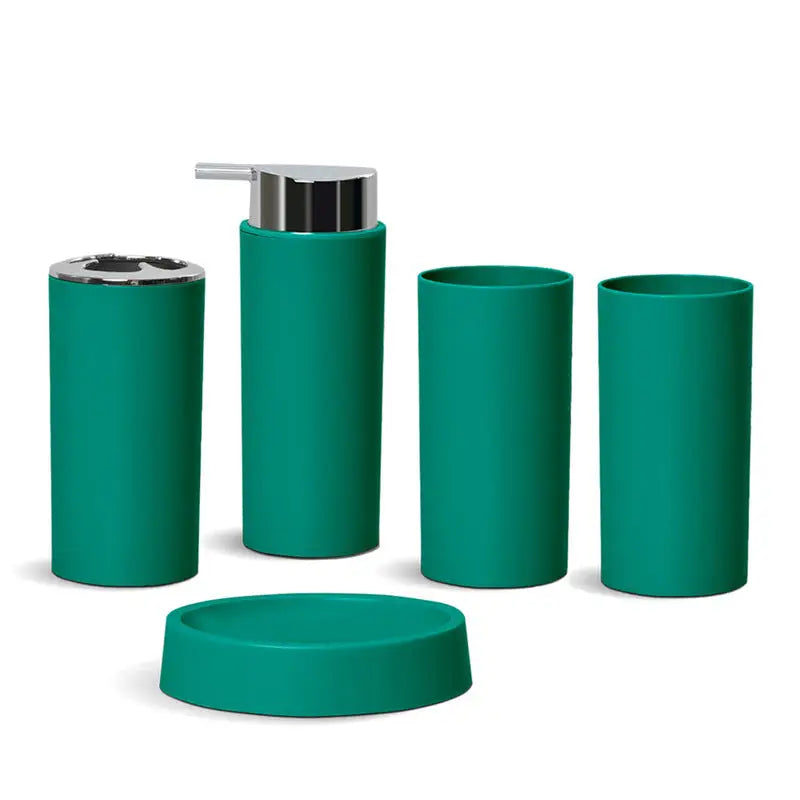 Teal bathroom accessory set.