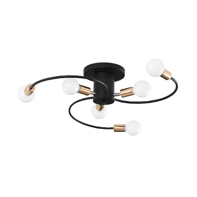 Black and gold six-bulb ceiling light.