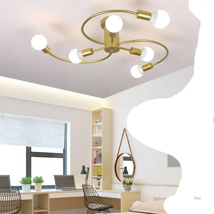Gold-colored ceiling light fixture with six bulbs.
