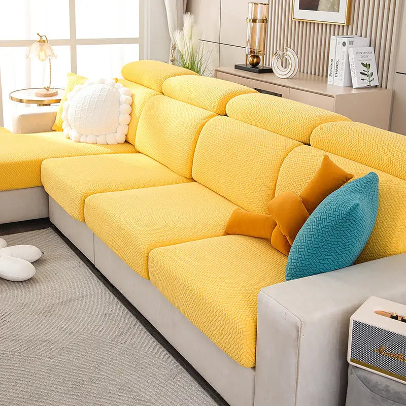 Yellow textured sectional sofa with Nordic Fabric Elastic Twill Couch Cover
