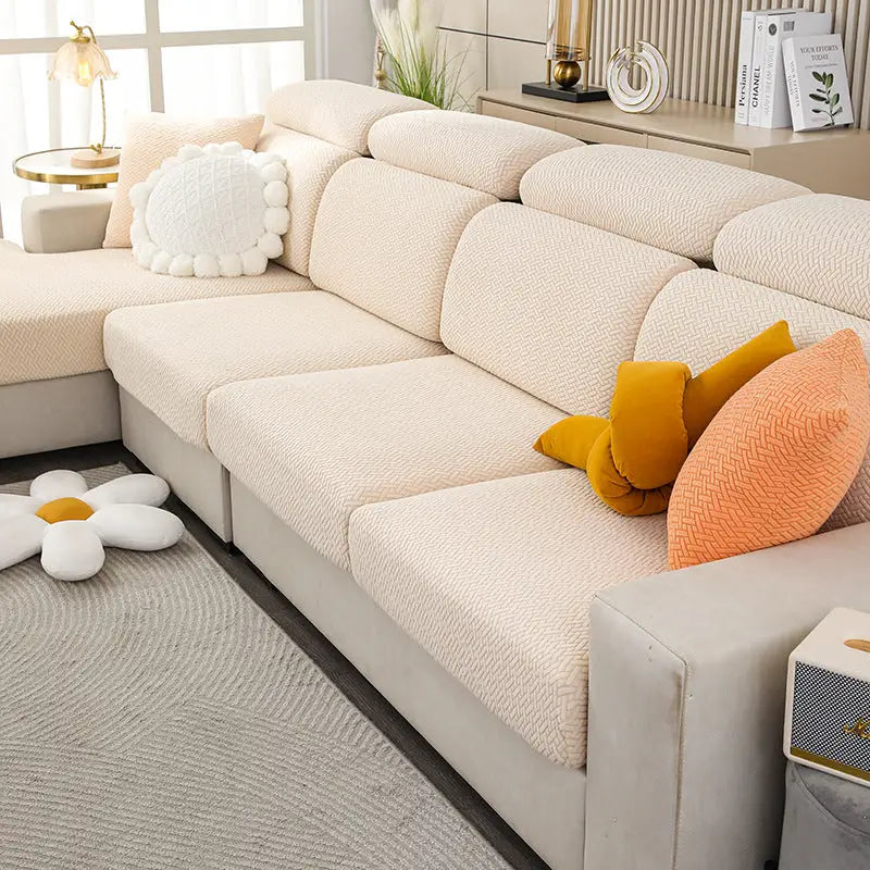 Beige sectional sofa with textured upholstery in Nordic Fabric Elastic Twill Couch Cover