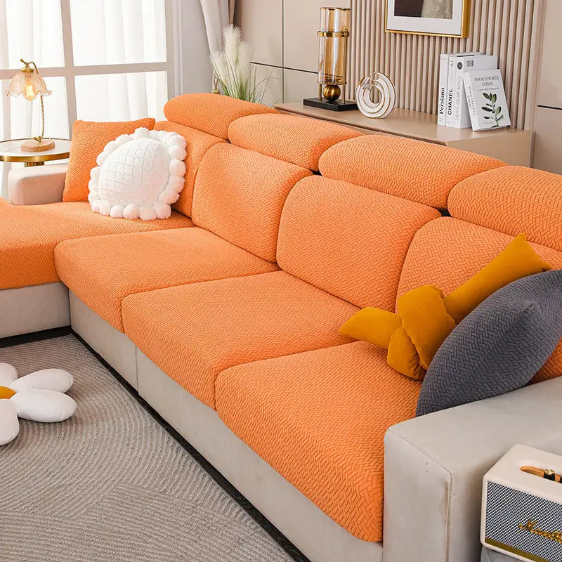 Orange textured sectional sofa with Nordic Fabric Elastic Twill Couch Cover for stylish protection