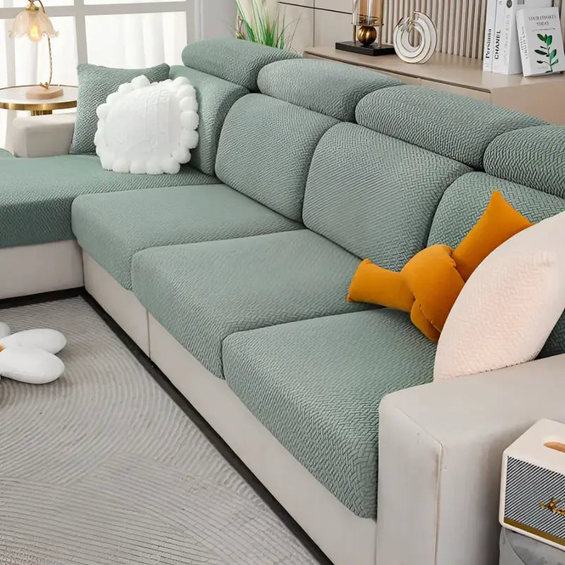Green textured sectional sofa with Nordic Fabric Elastic Twill Couch Cover
