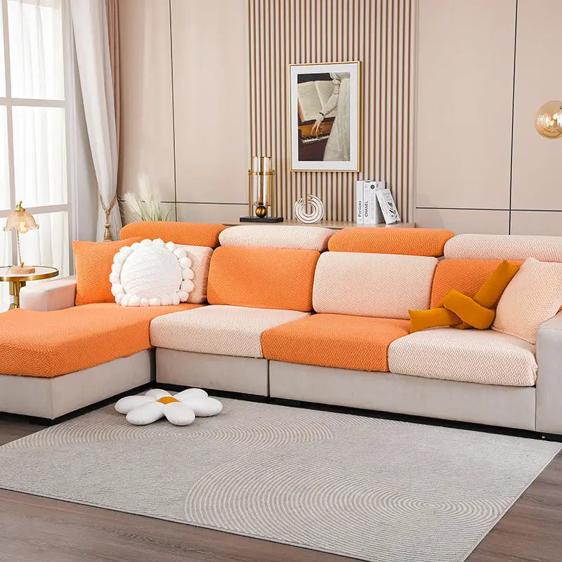 Orange and beige sectional sofa with Nordic Fabric Elastic Twill Couch Cover