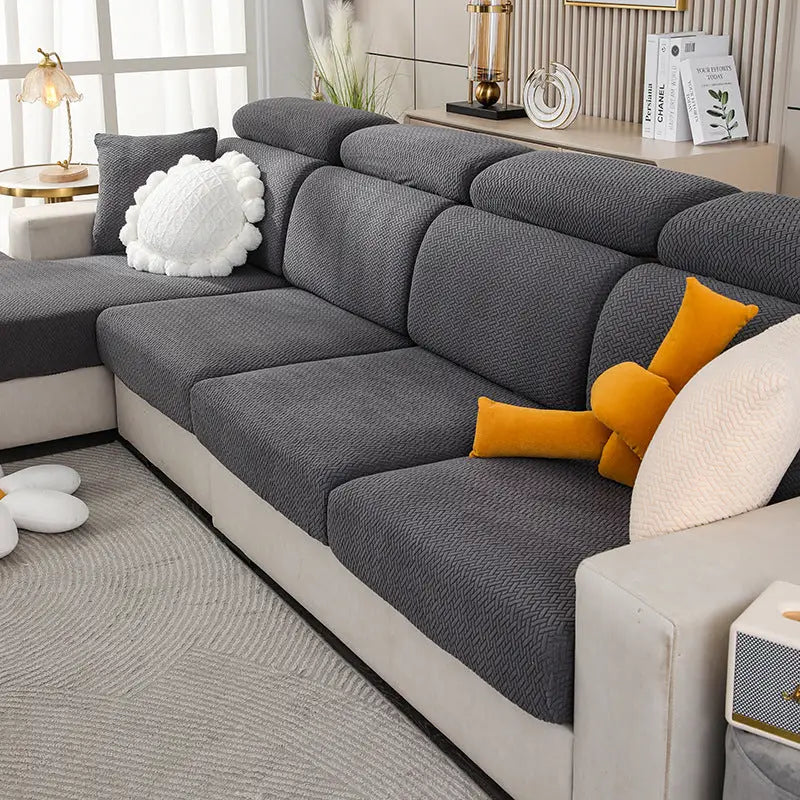 Gray sectional sofa with textured Nordic fabric elastic twill couch cover