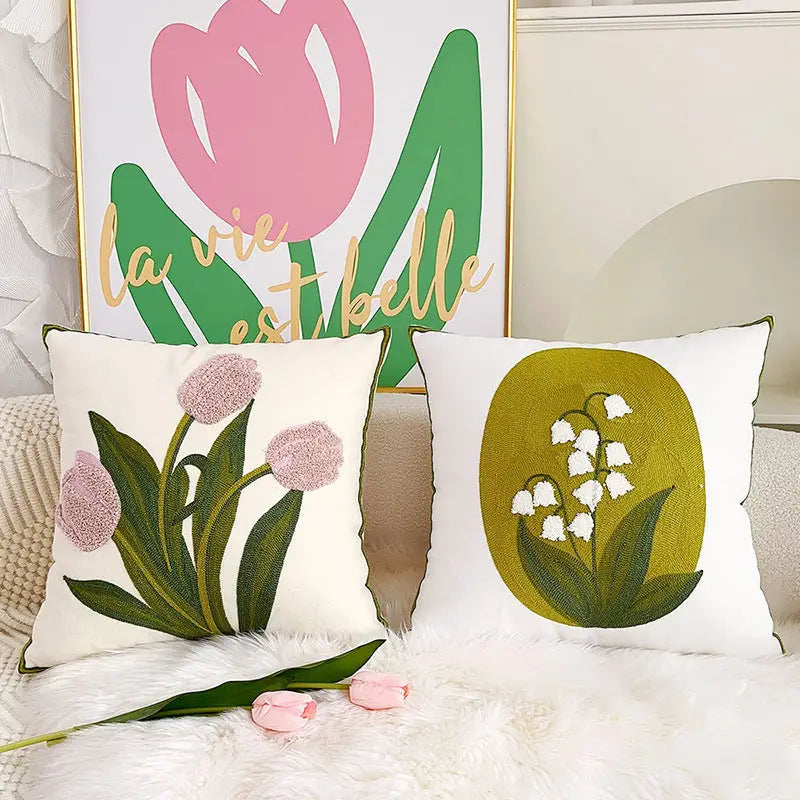 Floral embroidered throw pillows on Nordic Flower Cotton Cushion with unique Nordic design