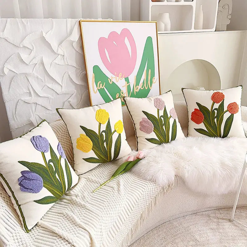 Tulip-embroidered Nordic Flower Cotton Cushion showcasing a unique Nordic design