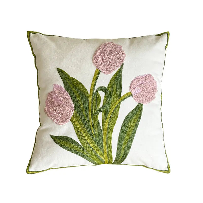 Embroidered tulip flower cotton cushion with unique Nordic design in Nordic Flower Cotton collection