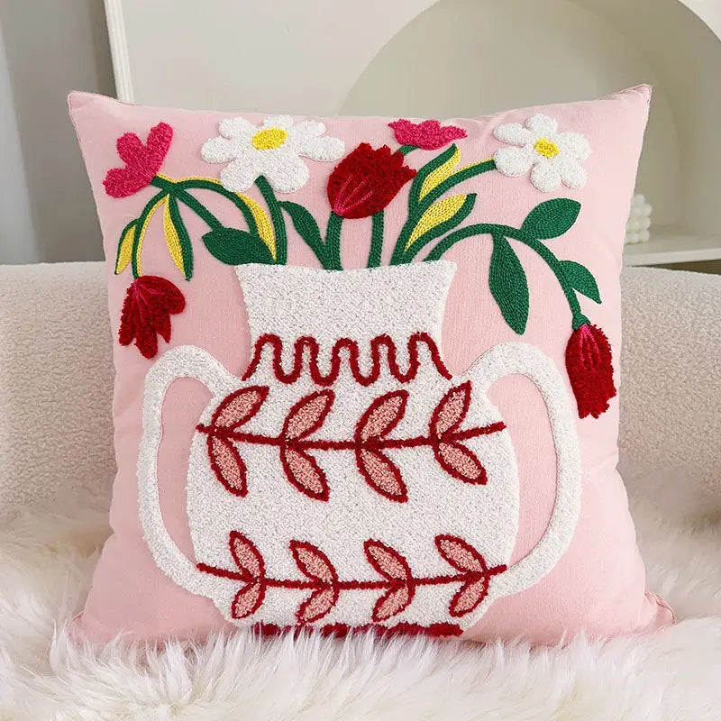 Pink throw pillow with embroidered floral vase from Nordic Flower Cotton Cushion featuring unique Nordic design