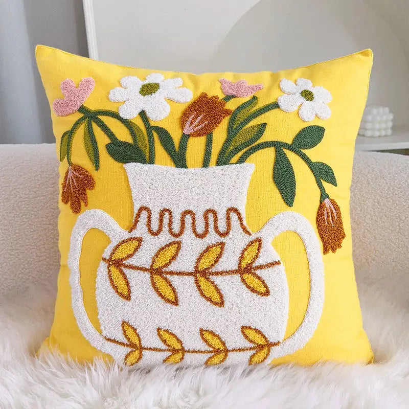 Yellow decorative pillow with floral vase design from Nordic Flower Cotton Cushion collection
