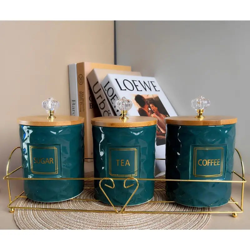 Emerald green ceramic Nordic Marble Canister Set with stylish marble canisters
