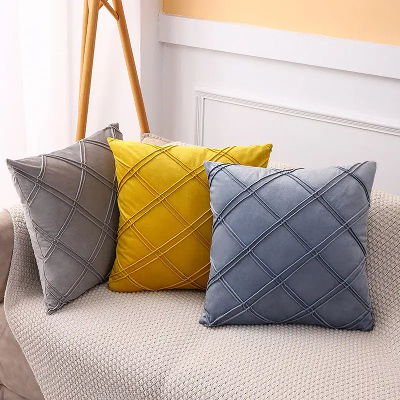 Nordic-inspired velvet throw pillows with quilted pattern in solid color for cozy decor